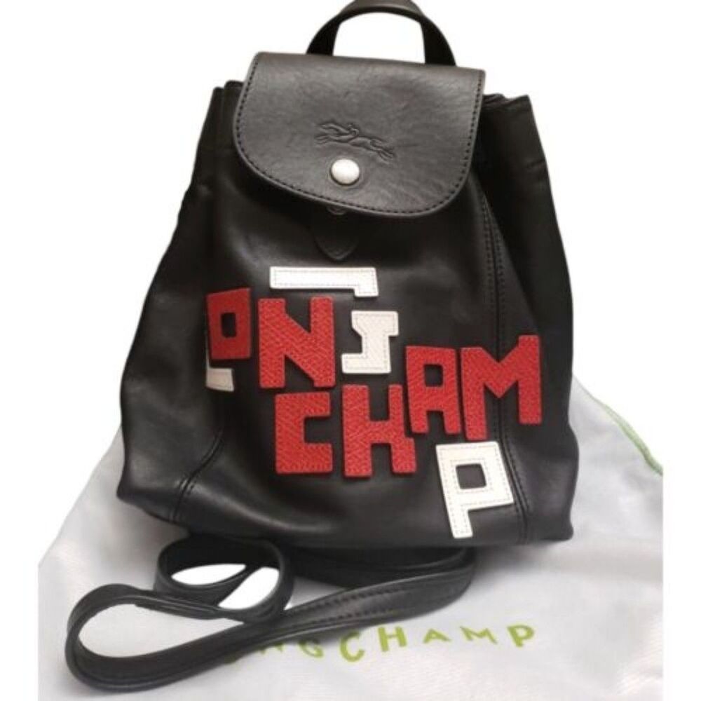 Longchamp LIMITED Black Lettering Logo Patch Leather XS Backpack New w/tag